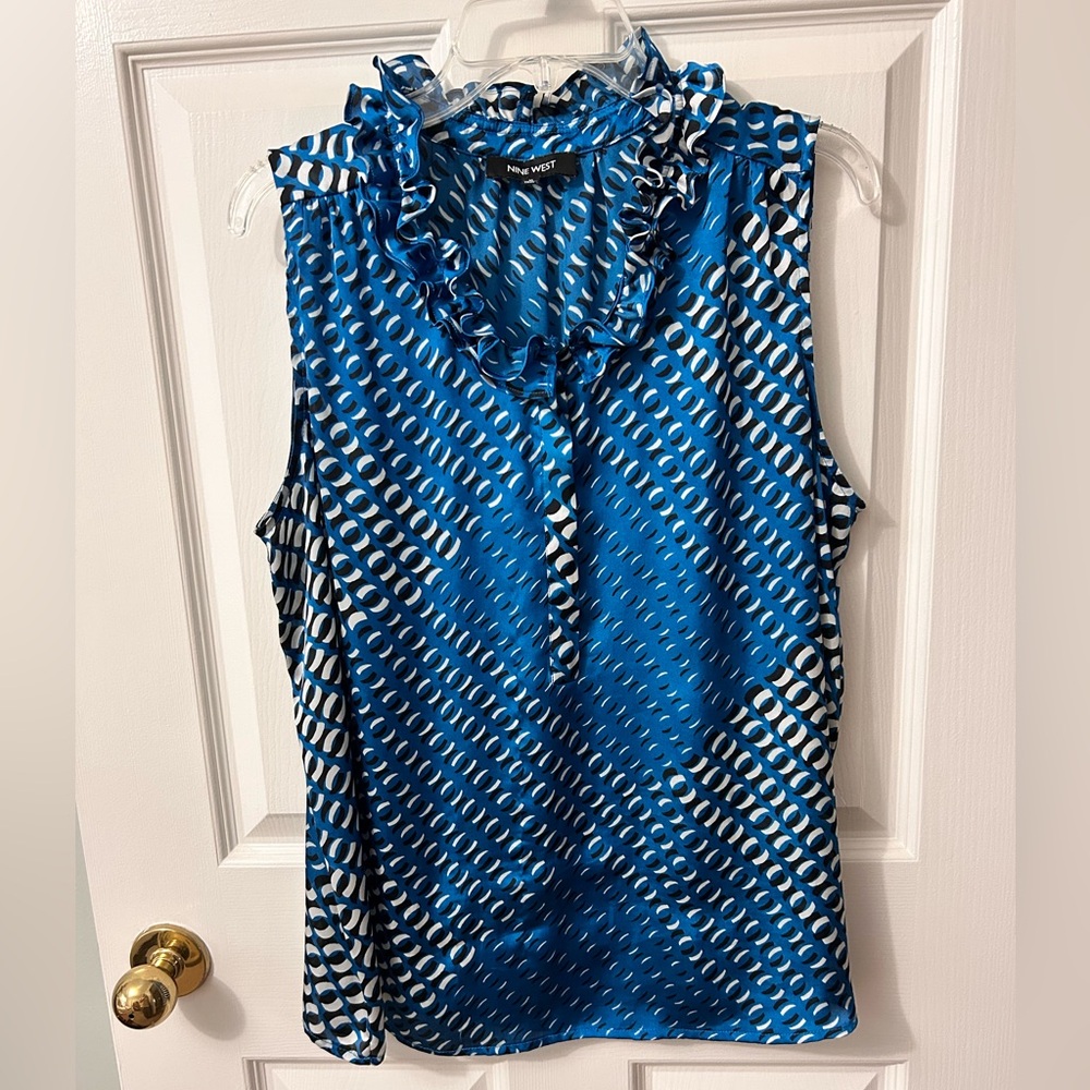 Nine West Patterned Sleeveless Top - Satin finish with ruffled neckline